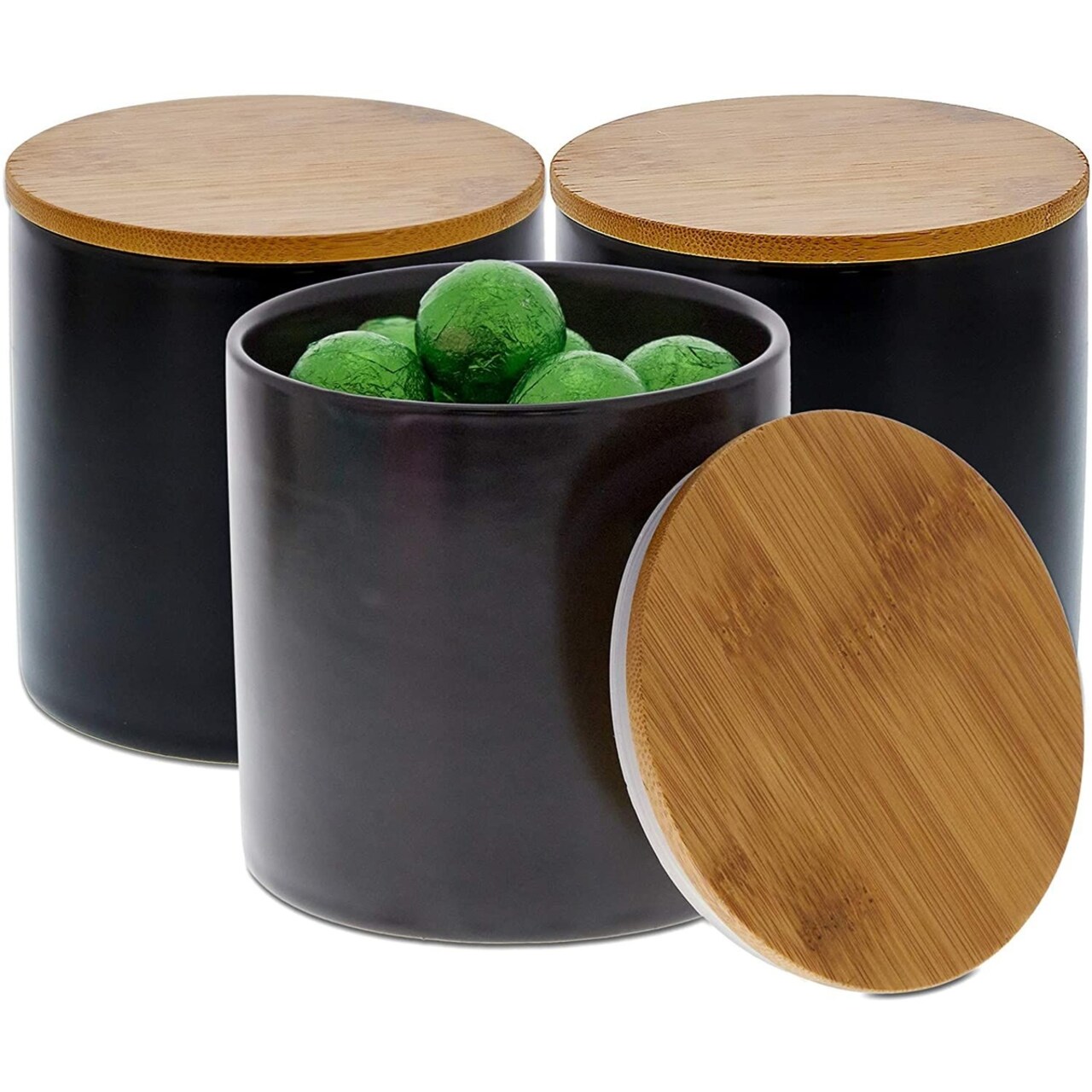 Juvale 3 Pack Black Ceramic Canisters Set with Bamboo Lids, 4 x 4.13 Inches, Stores Coffee, Flour, Sugar & Snacks, Ideal Home Decor for Dining Room, Pantry Organization & Kitchen